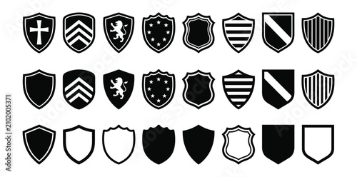Collection of black and white heraldic shields and crests vector graphics