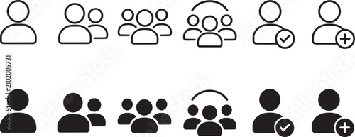 Minimalist user profile icons set, 12 black outline and solid human avatar symbols, social media community and team member vector graphics