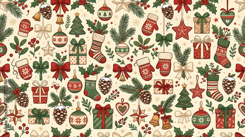 Adorable Christmas ornaments, bows, gifts, stockings, mittens, pine cones, stars and festive greenery arranged in a luxurious seamless holiday pattern, modern Scandinavian illustration style, cream