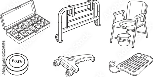 Foto Collection of medical equipment icons including a pill organizer bed rail commod