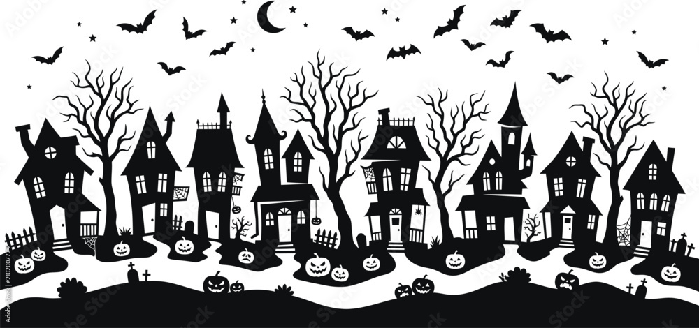 Obraz premium Spooky halloween day silhouette haunted houses bats and jack o' lanterns for festive decor