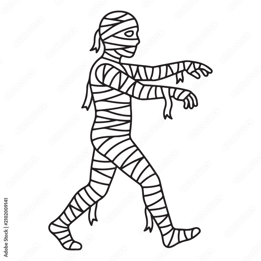 Fototapeta premium Mummy Character: A stylized illustration of a mummy figure, wrapped in bandages, walking forward with outstretched arms, evoking a spooky Halloween vibe.