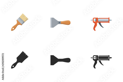Construction and renovation tools set featuring a paint brush, a metal scraper, and a caulking gun with matching black silhouette