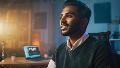 Smiling man sitting at desk with laptop.