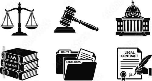 Foto Law and justice vector icons set including scales gavel courthouse law books and