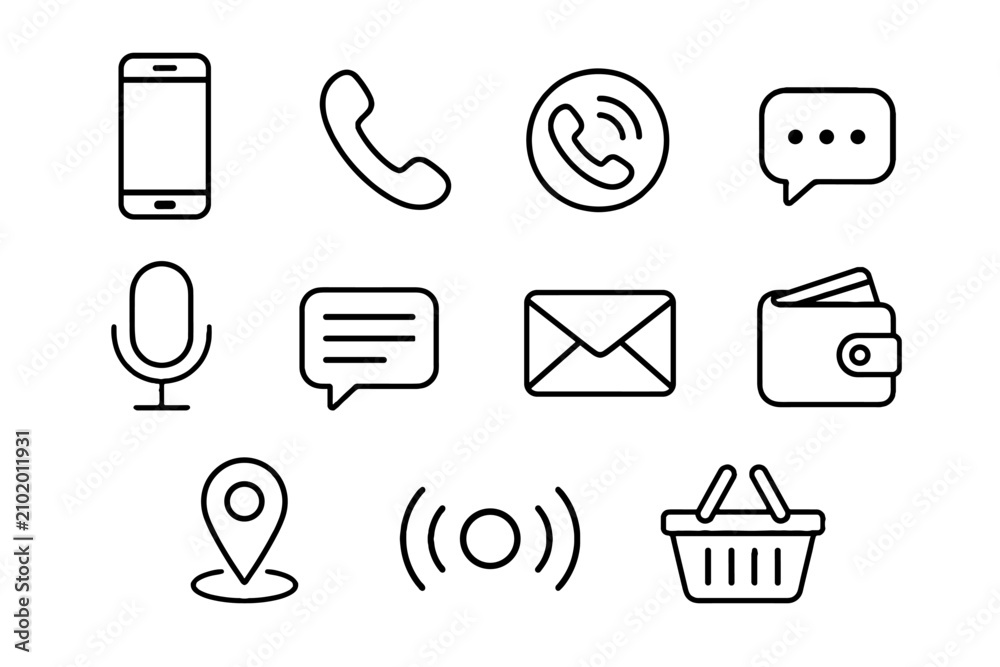 Fototapeta premium Black outline communication and shopping icon set