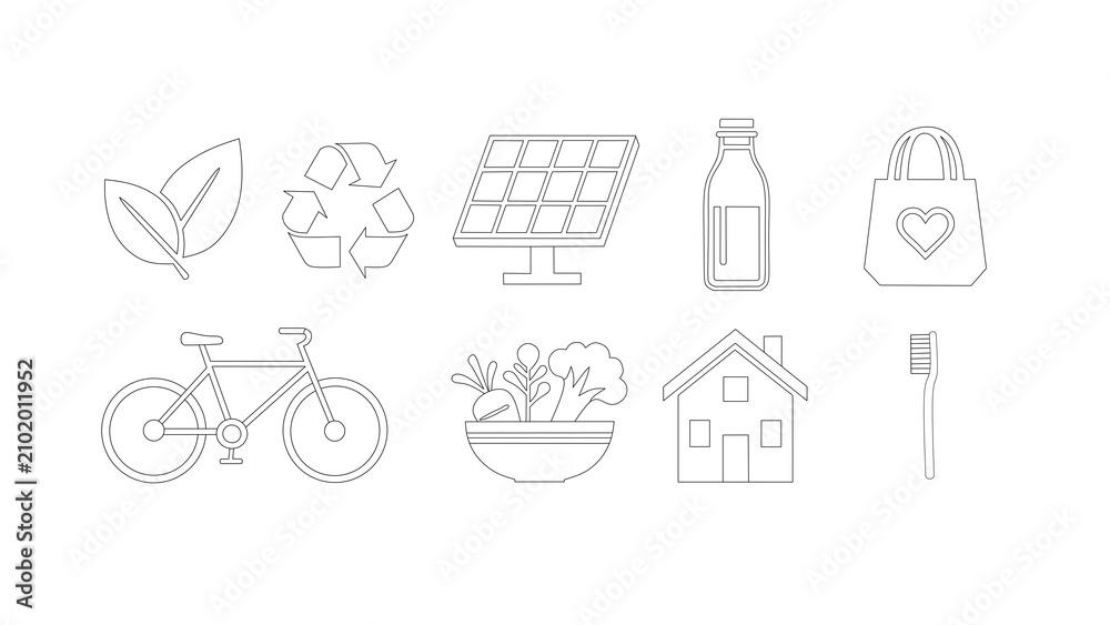 Fototapeta premium Eco friendly icons set. Sustainable living symbols..Collection of eco-friendly icons for sustainable living
