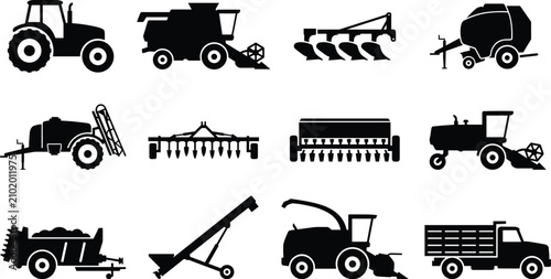 Bild auf Leinwand Agricultural Machinery and Farm Equipment Silhouette Icon Collection