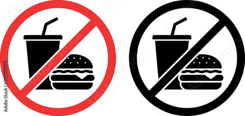 No food and drink allowed sign icons with burger and beverage cup in flat vector style