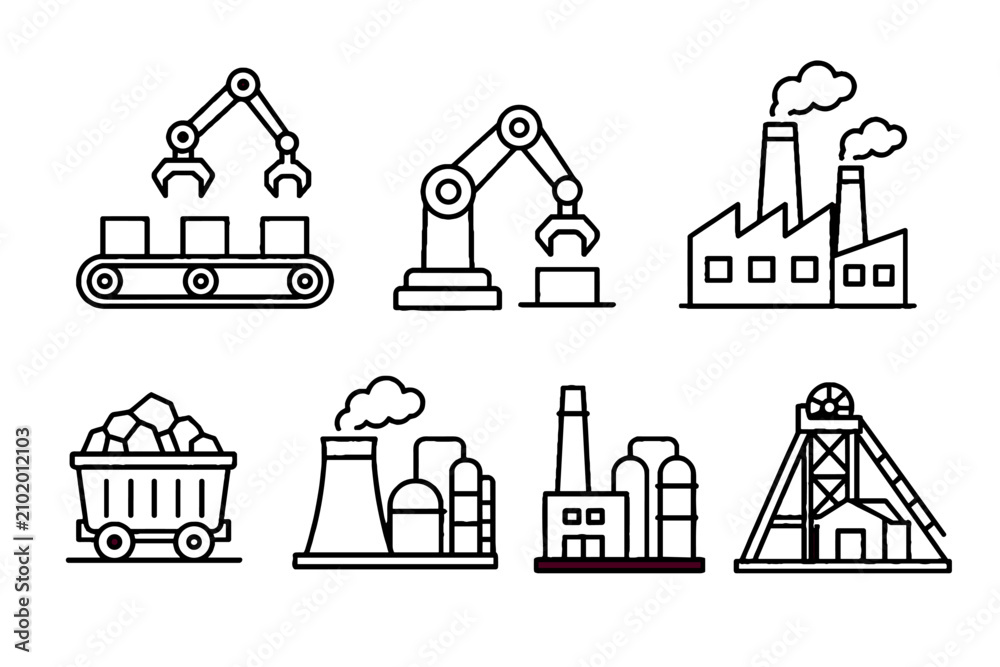 Fototapeta premium Industrial factory and mining line icons set