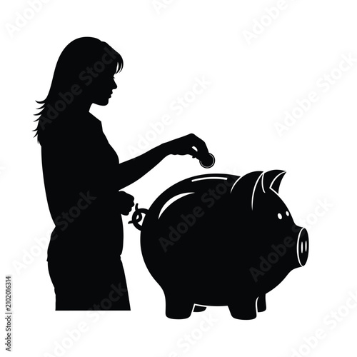 Woman depositing coin into piggy bank black silhouette
