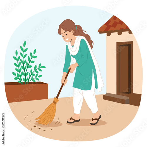 Young Indian Woman Sweeping Courtyard Outside Village House, Rural Daily Cleaning Routine Flat Vector Illustration