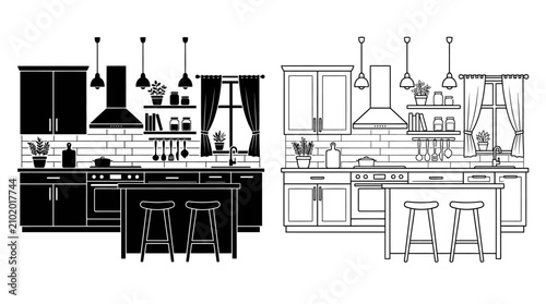 Foto Kitchen Interior Illustration Black And White Line Art With Transparent Backgrou