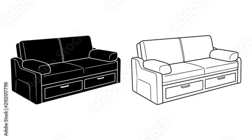 Fotografía Sofa With Drawers Black And White Silhouette Illustration