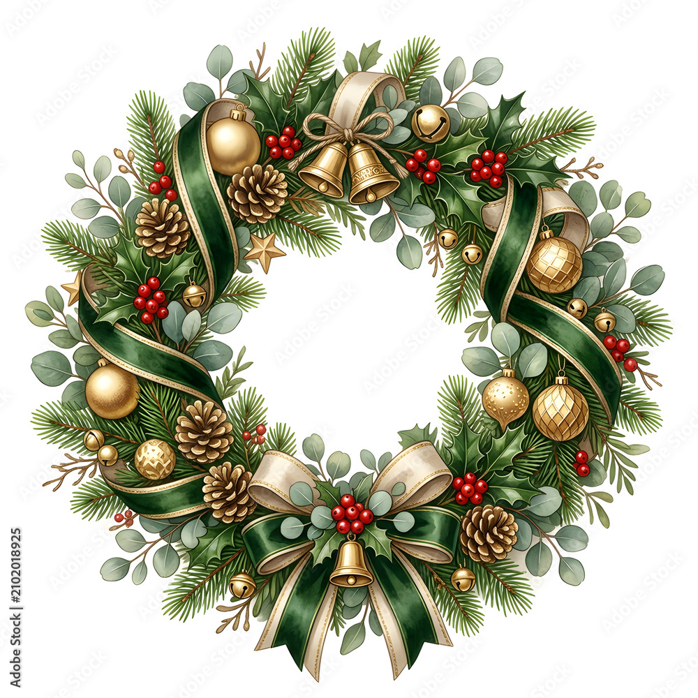 Obraz premium Luxury Christmas wreath made from realistic pine branches, eucalyptus, holly berries, ribbons, bells and golden ornaments, isolated on white background, Scandinavian festive illustration,