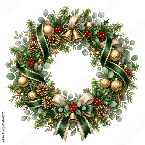 Luxury Christmas wreath made from realistic pine branches, eucalyptus, holly berries, ribbons, bells and golden ornaments, isolated on white background, Scandinavian festive illustration, 