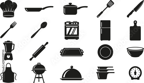 Bild auf Leinwand Kitchen utensils and cooking equipment vector silhouette icon set featuring chef hat pan pot spatula knife blender stove refrigerator apron grill and restaurant elements