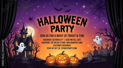 Spooky halloween party invitation with haunted house ghosts pumpkins costumes october 31st event
