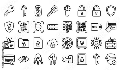 Minimal key and security thin line icon collection with privacy authentication and secure access outline symbols isolated on white background