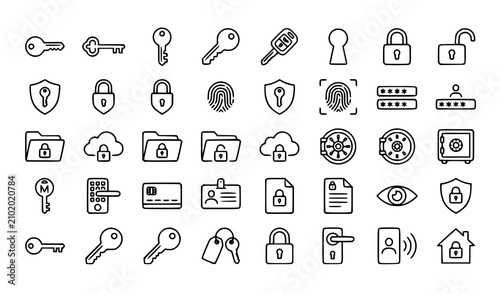 Minimal key thin line vector icon set featuring security privacy authentication and access protection outline symbols isolated on white background