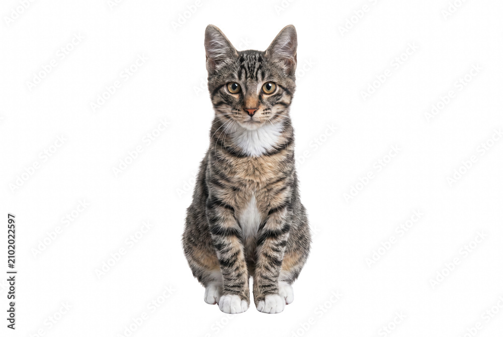 Fototapeta premium Portrait of a Young Tabby Cat with White Paws and Golden Eyes