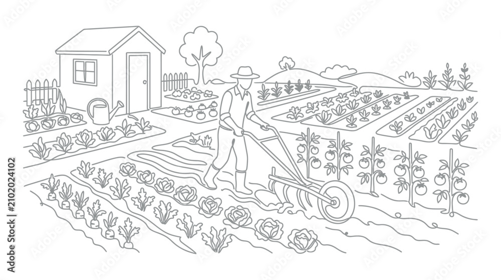 Obraz premium A farmer working in the garden with a hand plow.