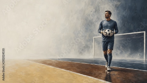 sports football goalkeeper advancing with ball toward progress


