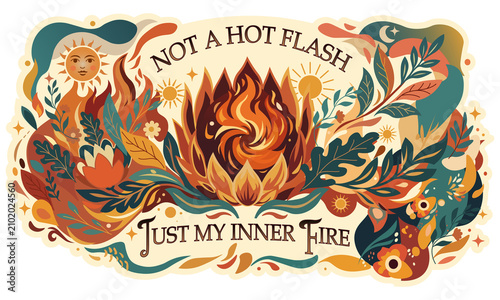 Cuadro en lienzo Retro boho illustration with flames, sun and botanical leaves with text Not a hot flash just my inner fire