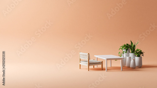 Minimalist interior with white furniture and potted plants on peach background  