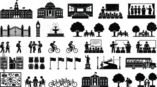 University campus life icon set vector illustration featuring school buildings classrooms students studying cycling campus park school bus silhouette clip art