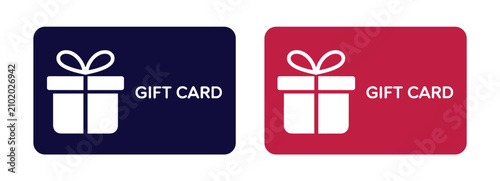 Konstfotografi Gift Card Icons: Two stylized gift card icons, one navy blue and one red, feature a simple white graphic of a gift box with a bow, symbolizing presents and shopping