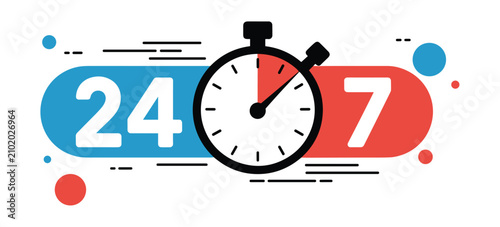 Obraz na plátne 24/7 Service Icon: A stylized stopwatch superimposed on a graphic representing round-the-clock availability, conveying a message of continuous service and operational readiness