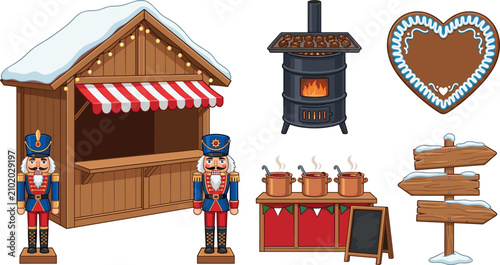 Cuadro en lienzo Traditional European Christmas Market Vector Element Set with Wooden Stall, Nutc