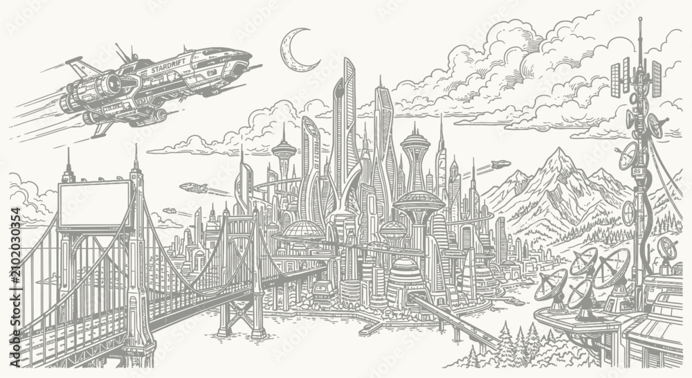 Obraz premium Black and white hand-drawn futuristic city skyline illustration featuring sci-fi spaceship, suspension bridge with blank billboard, satellite dishes, antenna tower, and moon.