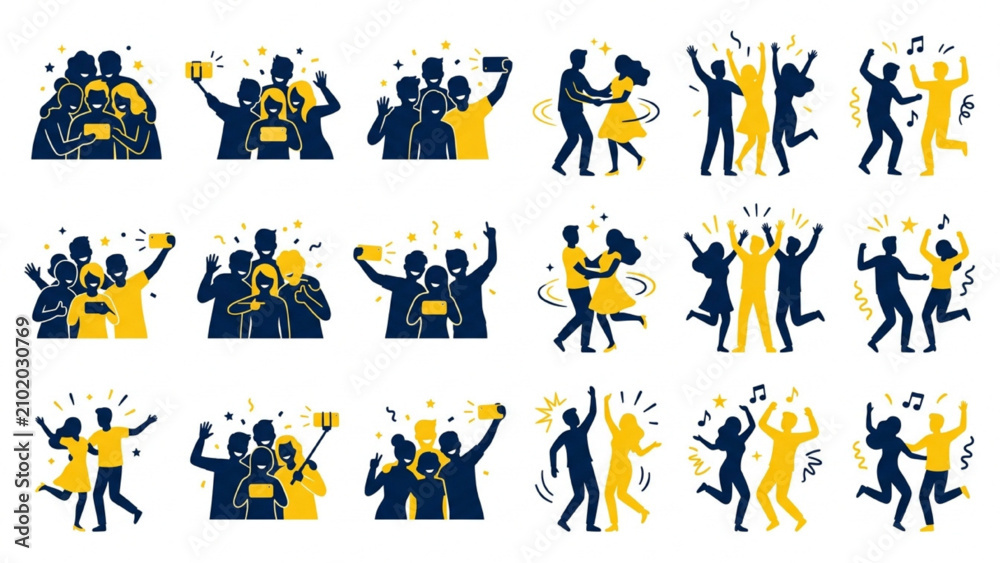 Fototapeta premium Friendship Day Silhouette Icons, Friends Taking Selfie and Dancing Together Vector Sheet, Minimalist Two Color Graphic Asset on White Background