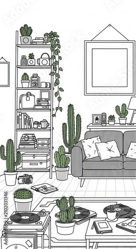 Modern Minimalist Living Room With Abundant Green Cacti Decor