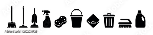 Cleaning tools and supplies icons representing various household chores, sanitation tasks, and professional janitorial services for hygiene.