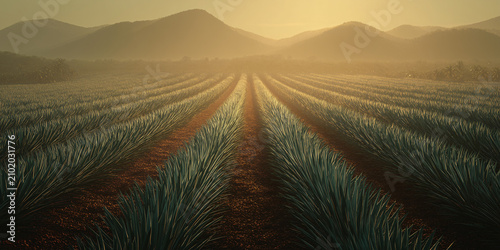 An agave field bathed in the warm glow of sunrise, with rows of plants stretching towards misty mountains