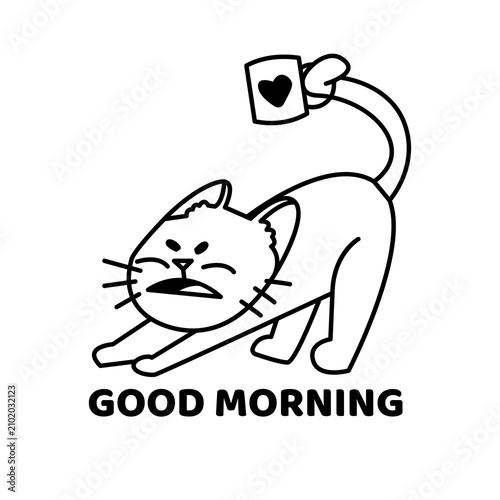 Good Morning Cat Sticker | Funny Coffee Lover Cartoon Cat T-Shirt Design