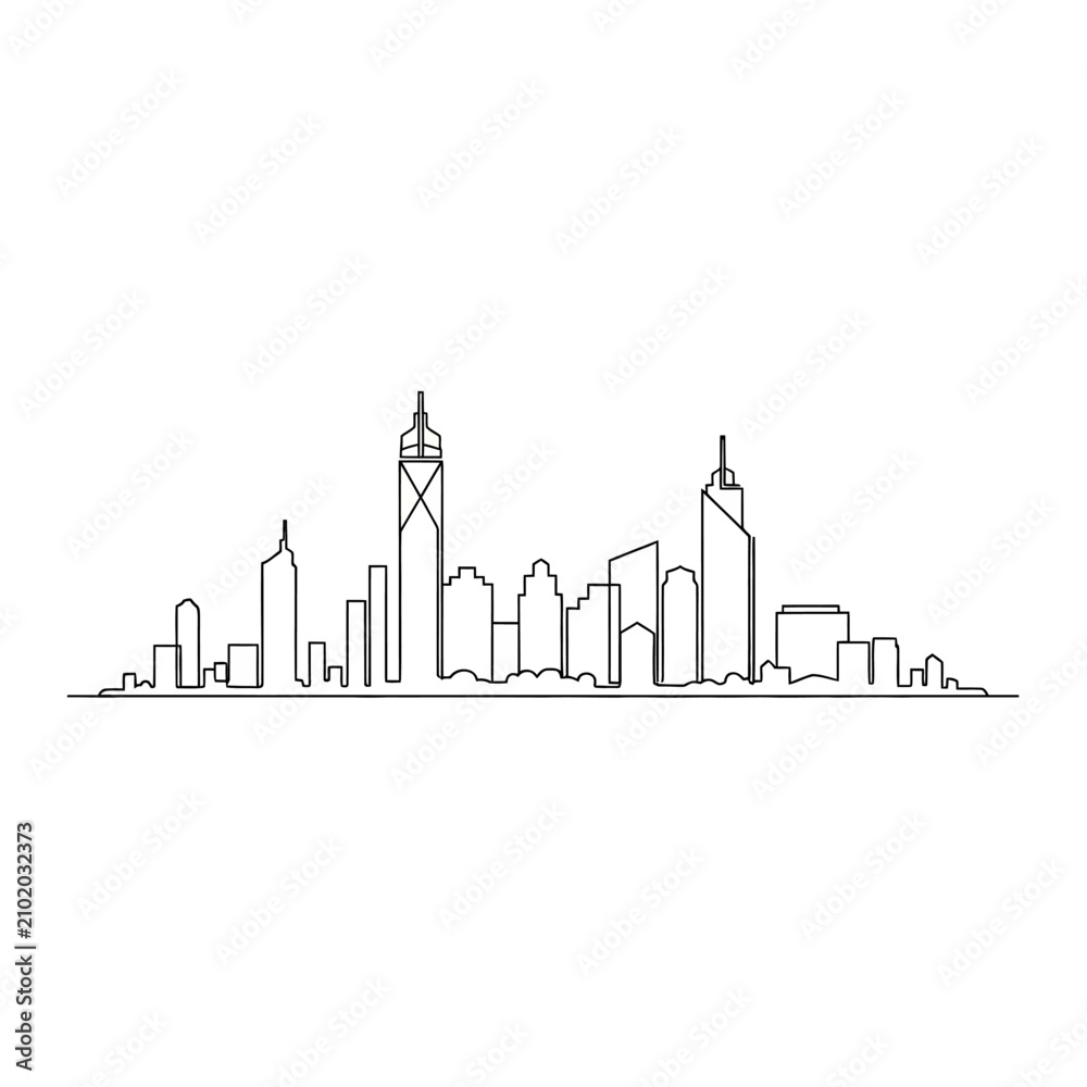 Fototapeta premium Minimalist continuous line art drawing of a modern city skyline.