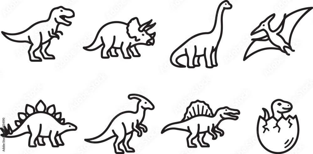 Obraz premium Eight cartoon dinosaurs and a hatching dinosaur illustration