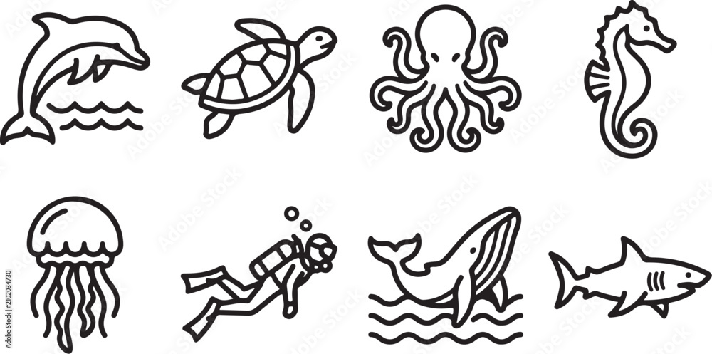 Fototapeta premium Eight underwater creatures and scuba diver icons