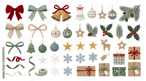 Set of Christmas decorative elements including bows, bells, ornaments, pine branches, holly leaves, stars, snowflakes, ribbons and gifts, isolated on white background, modern Scandinavian illustration