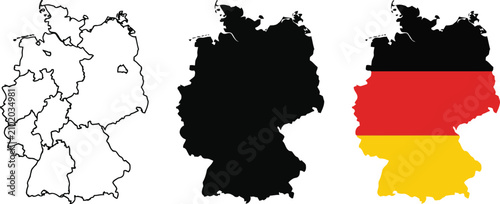 Germany map outline silhouette and national flag shape collection
