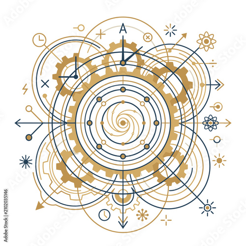 Intricate alchemical and mechanical circular diagram.