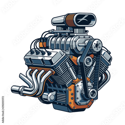 Fotografie Isometric automotive engine with supercharger and belt.