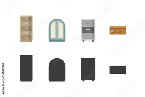 Collection of wooden and metal storage furniture in flat style, including cabinets, drawers, and a small lockable chest for home