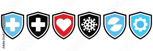Canvas-taulu Health shield protection icon set featuring antibacterial and immune defense symbols, medical care shields, red cross, heart, virus, and wellness illustrations