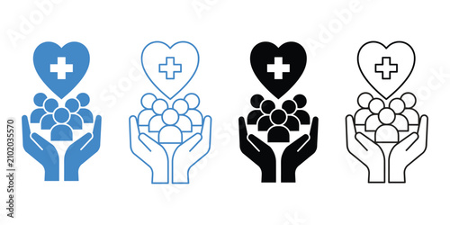 Healthcare and community care icon set featuring helping hands, family protection, medical heart, cross symbols, and line silhouette illustrations.