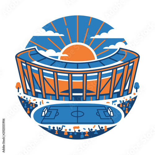 Modern circular stadium with soccer pitch and sun rays.